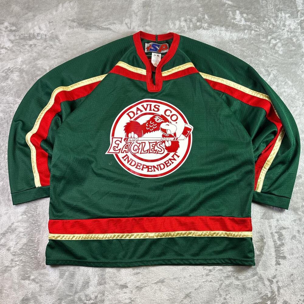 Vintage SP Davis Co Eagles Hockey Jersey Baker 18 Green Red Mens Large